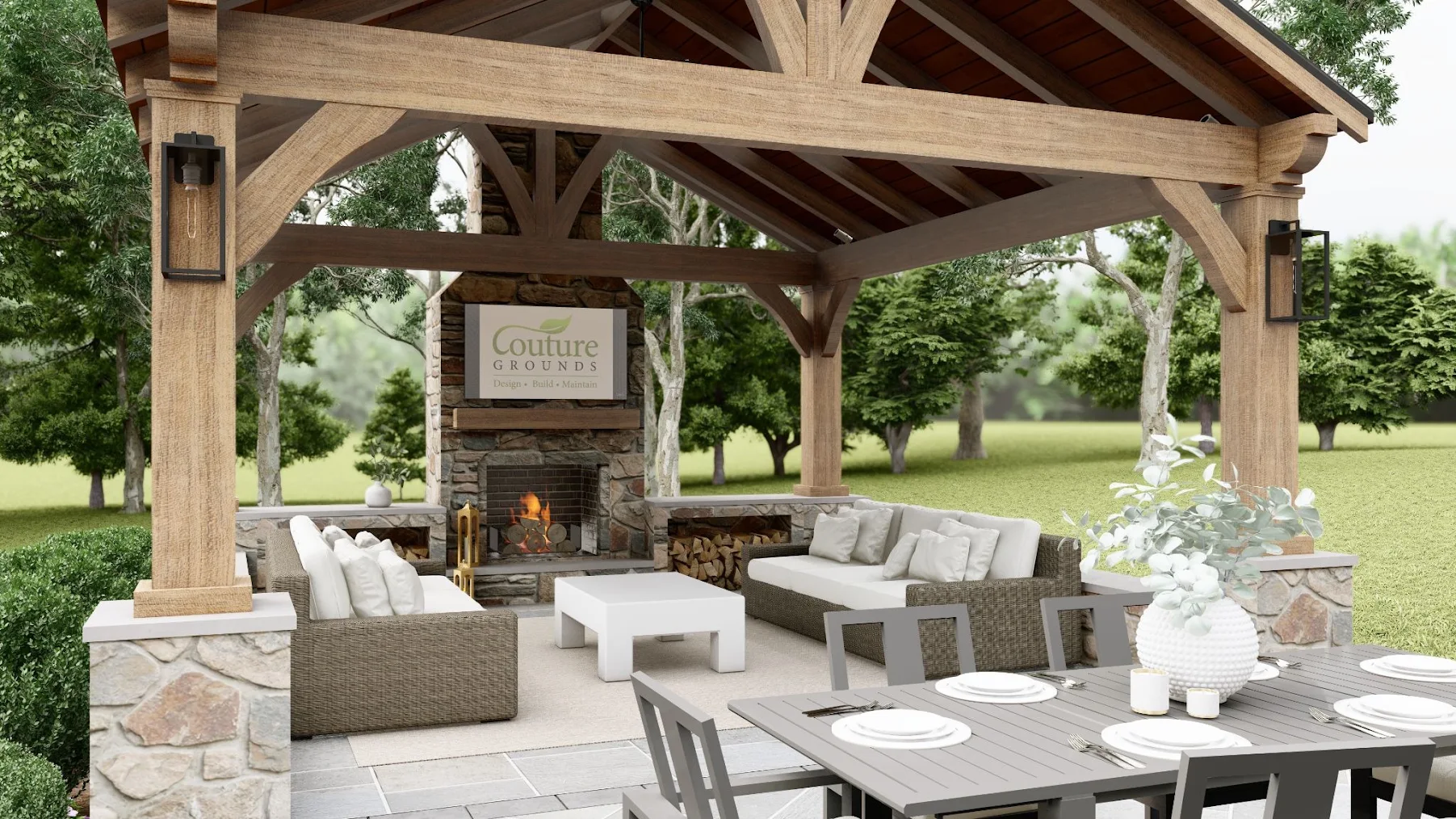 A new West Chester landscape featuring patio cover, seating and dining areas, and a fireplace